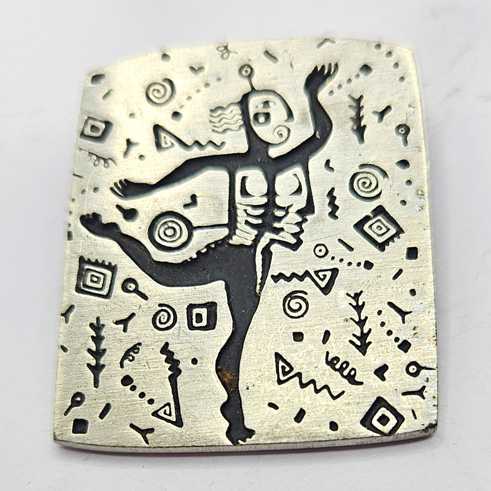 Urban Fetishes Signed Silver Tone Dancer Rectangle Brooch Pin Metal No Stone